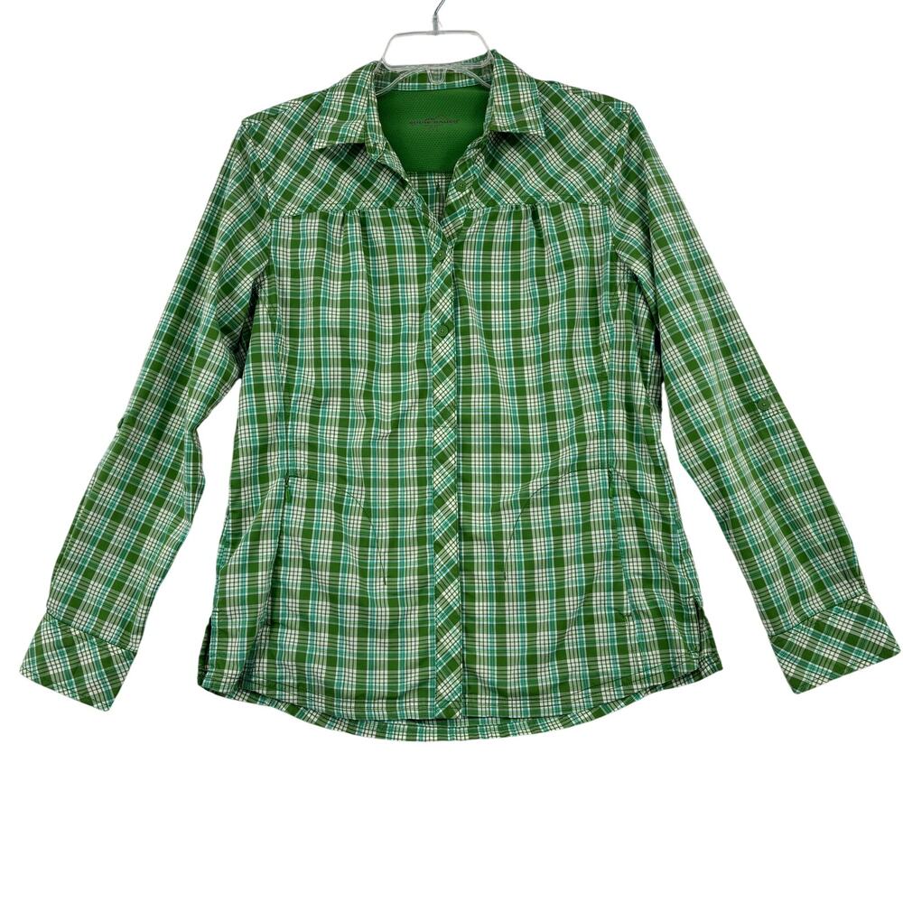 Eddie Bauer Button Up Shirt Top Size‎ M Green Plaid Long Sleeve Zip Pockets